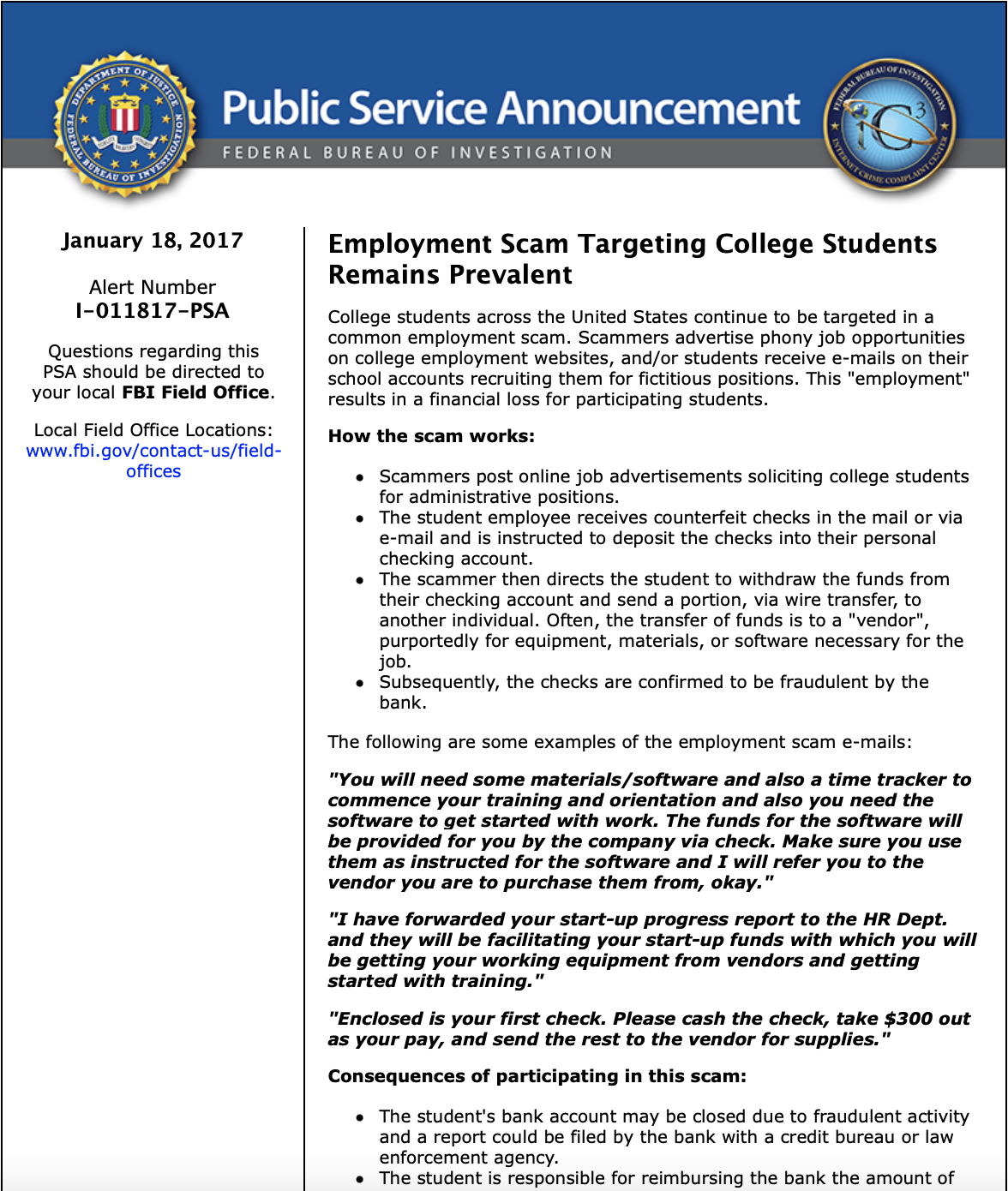FBI PSA: Employment Scam Targeting College Students Remains Prevalent